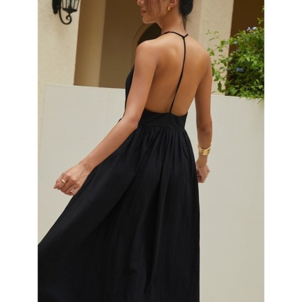 COMMENSE Solid Halter Black Cotton Linen Backless Maxi Dress Size M NWT - Picture 2 of 6